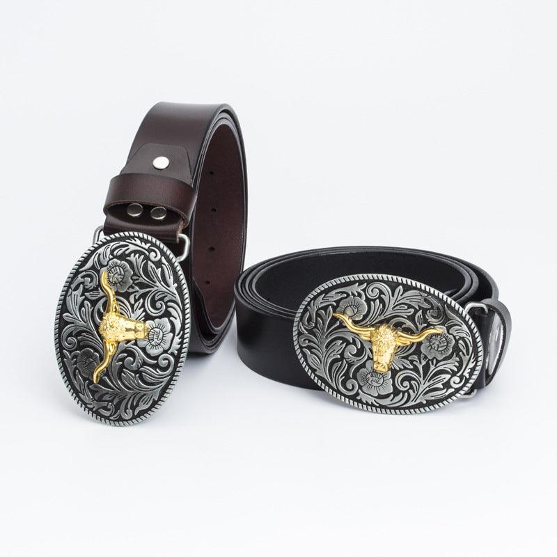 Men’s Western Cowboy Belt-Golden Buckle Belt-Bull Charm-Men’s gift