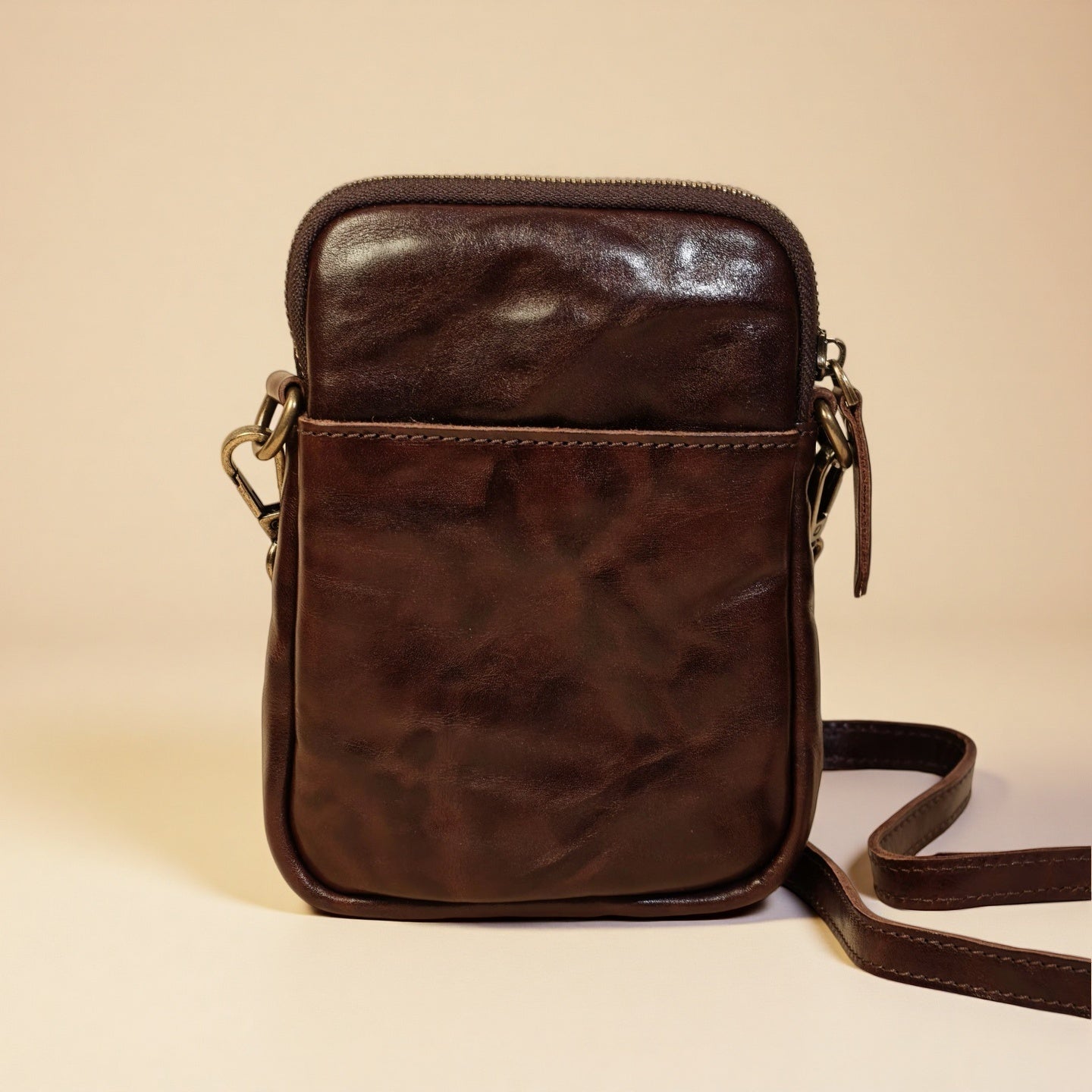 Phone Bag for Men-Full-Grain Leather-Waxed Distressed Finish