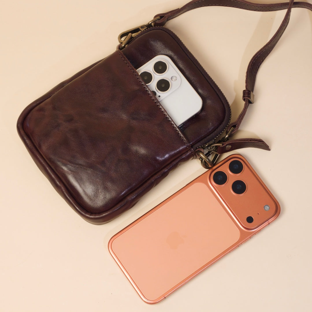 Phone Bag for Men-Full-Grain Leather-Waxed Distressed Finish