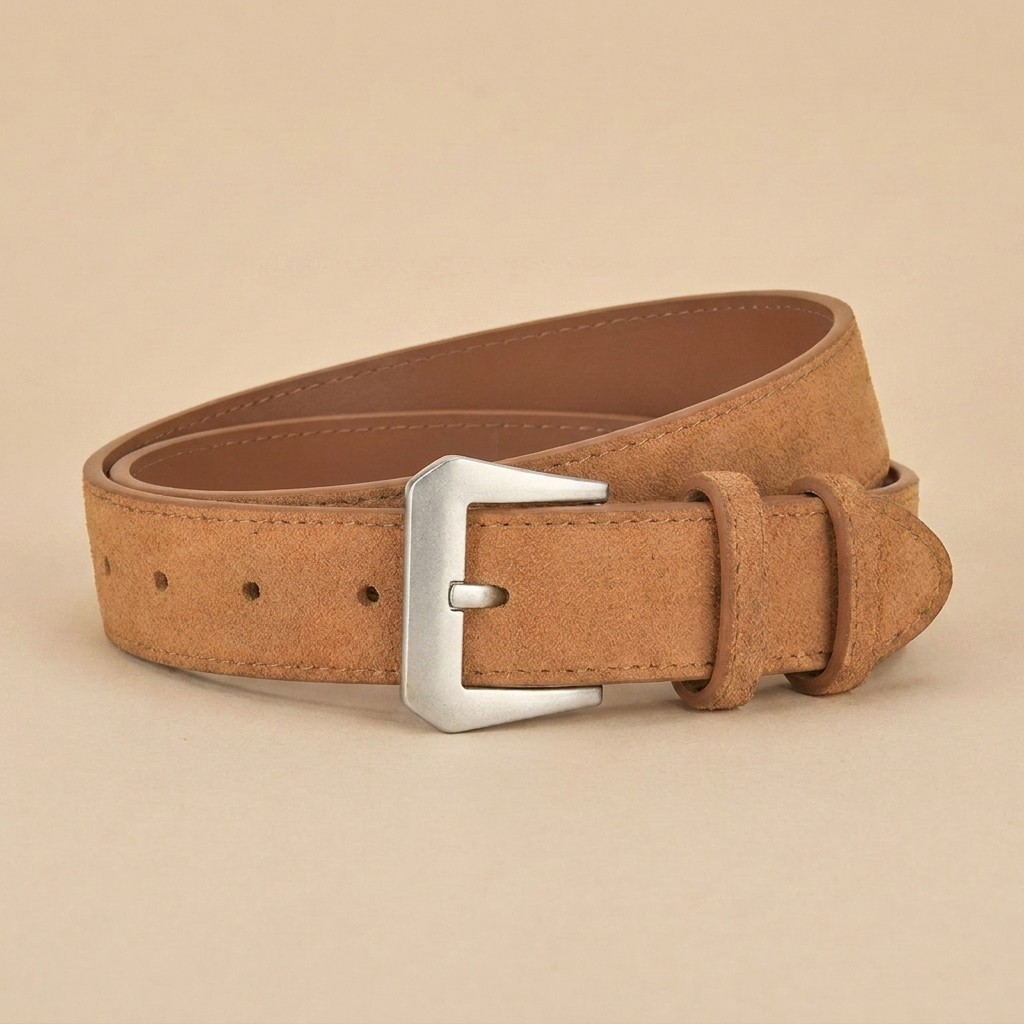 Western Belt Women's - Suede Leather with Angular Silver Buckle