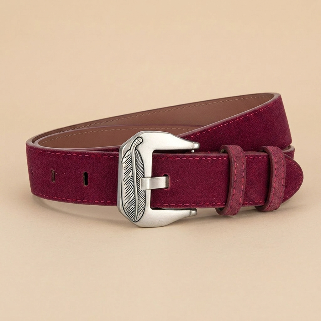 Western Belt Women's - Suede Leather with Feather Western Buckle