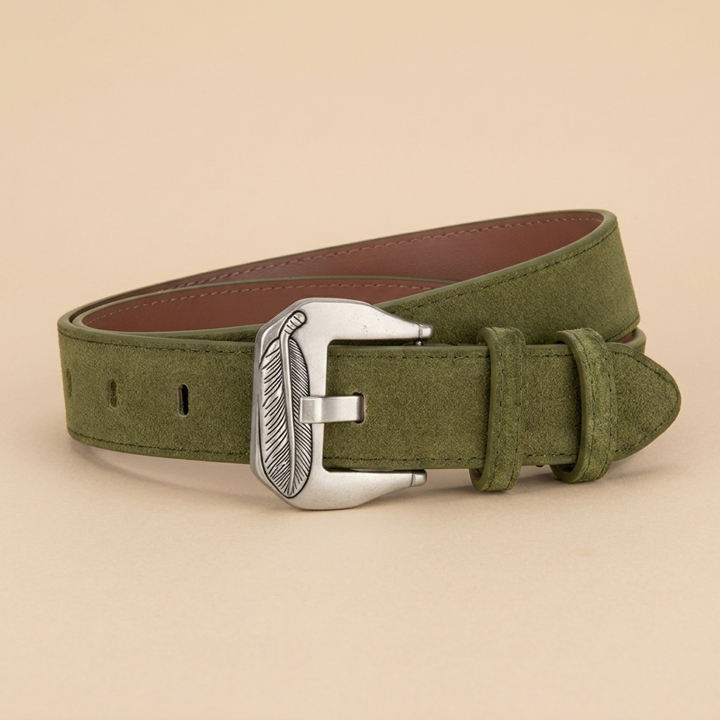 Western Belt Women's - Suede Leather with Feather Western Buckle