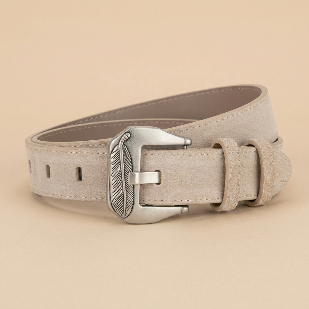 Western Belt Women's - Suede Leather with Feather Western Buckle