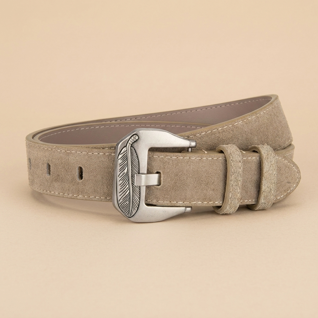 Western Belt Women's - Suede Leather with Feather Western Buckle
