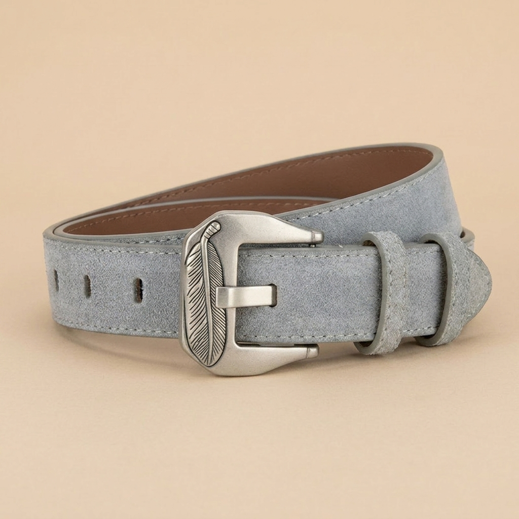 Western Belt Women's - Suede Leather with Feather Western Buckle