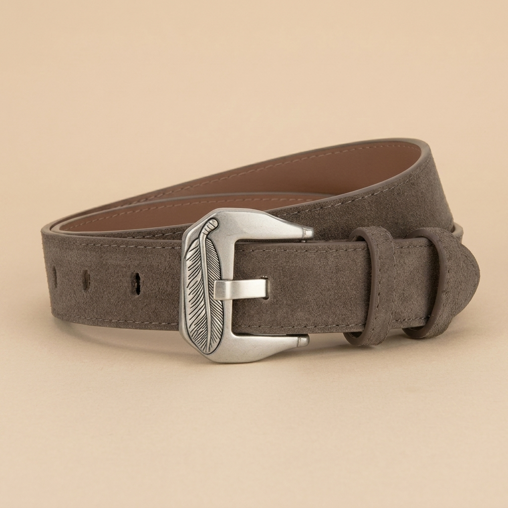 Western Belt Women's - Suede Leather with Feather Western Buckle