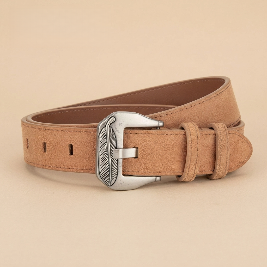 Western Belt Women's - Suede Leather with Feather Western Buckle