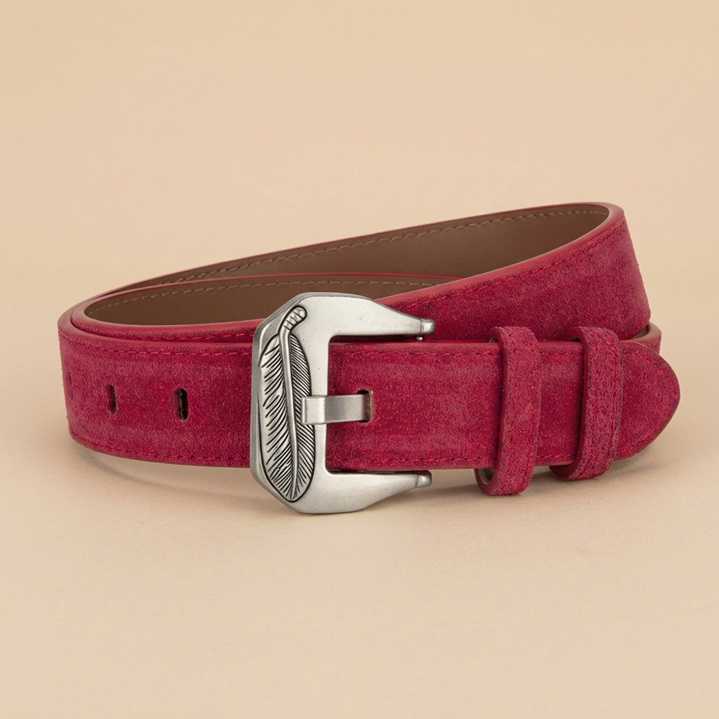 Western Belt Women's - Suede Leather with Feather Western Buckle