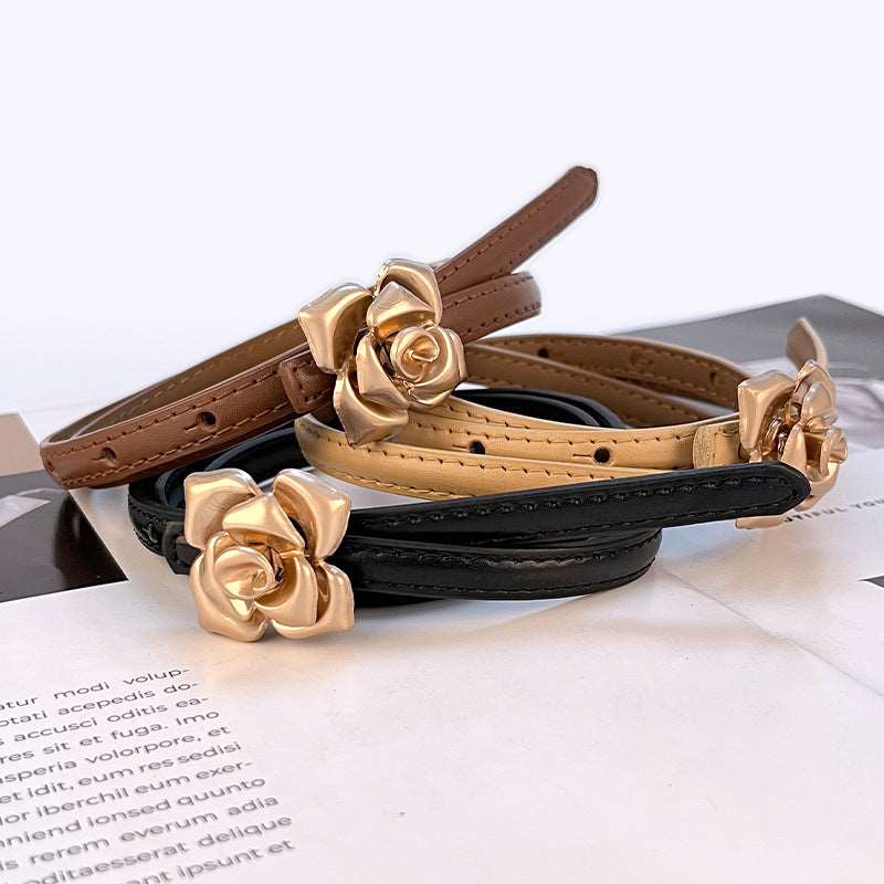 Women’s Leather Belt for Dresses-Floral Buckle-Golden Belt