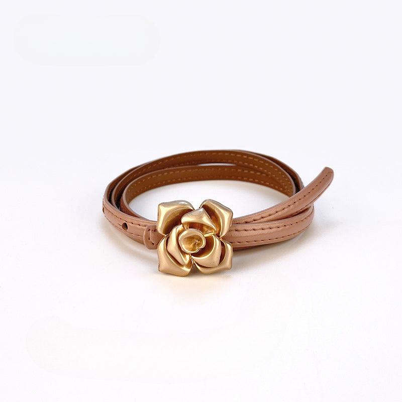 Women’s Leather Belt for Dresses-Floral Buckle-Golden Belt