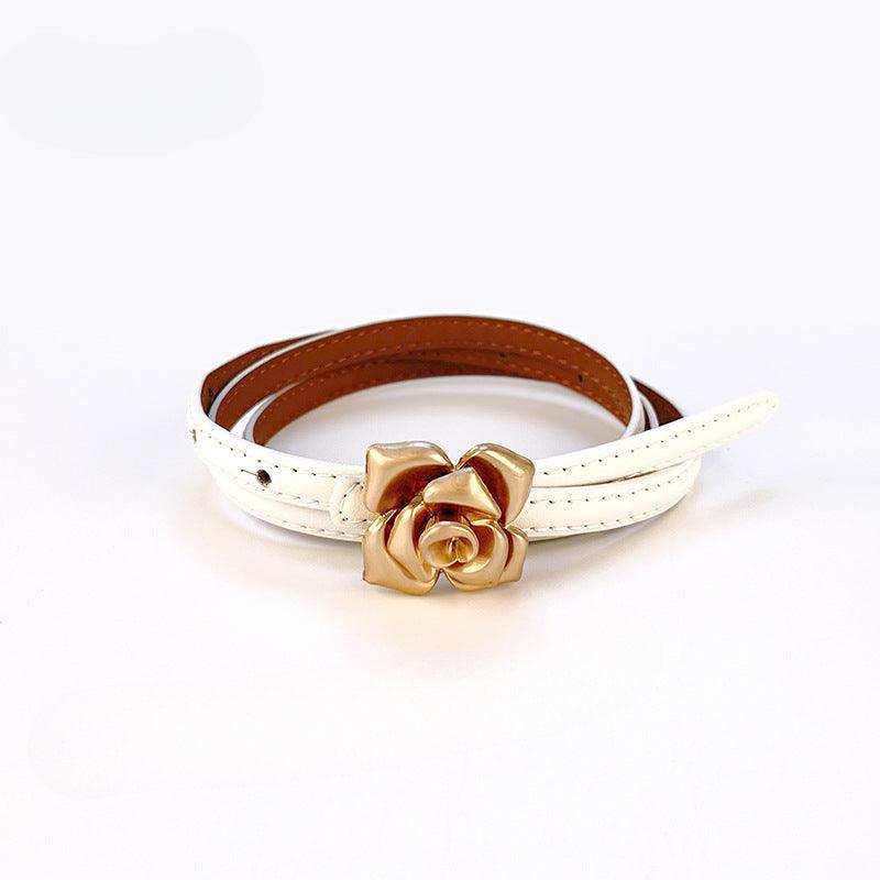 Women’s Leather Belt for Dresses-Floral Buckle-Golden Belt