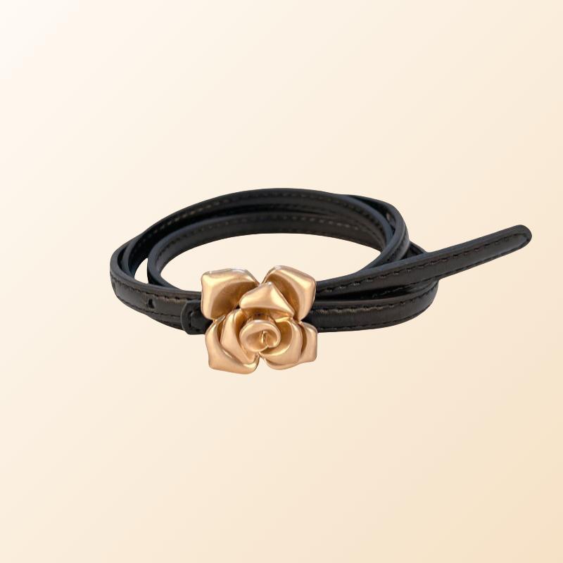 Women’s Leather Belt for Dresses-Floral Buckle-Golden Belt