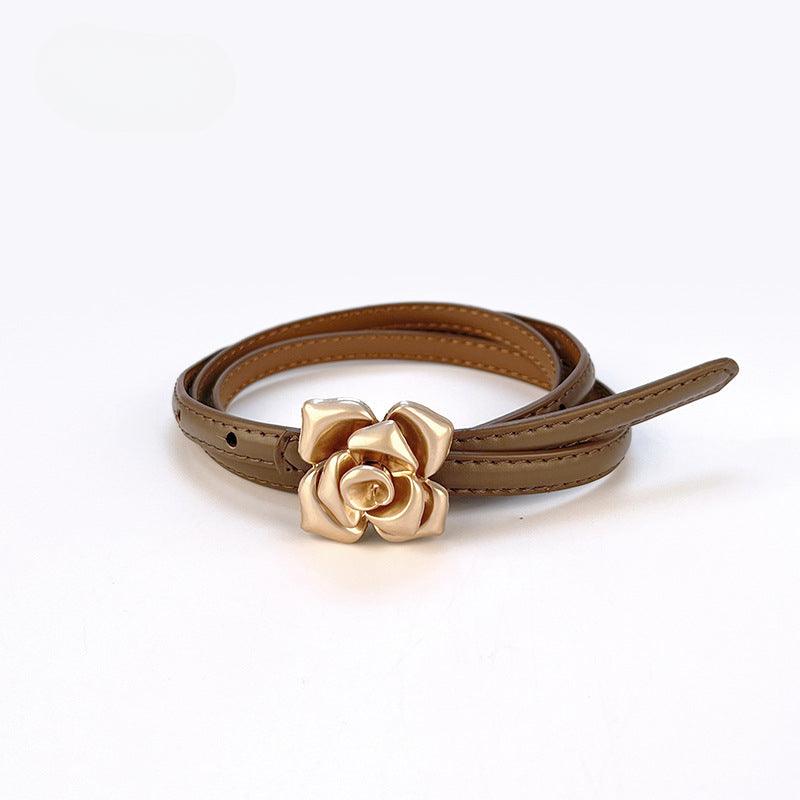 Women’s Leather Belt for Dresses-Floral Buckle-Golden Belt