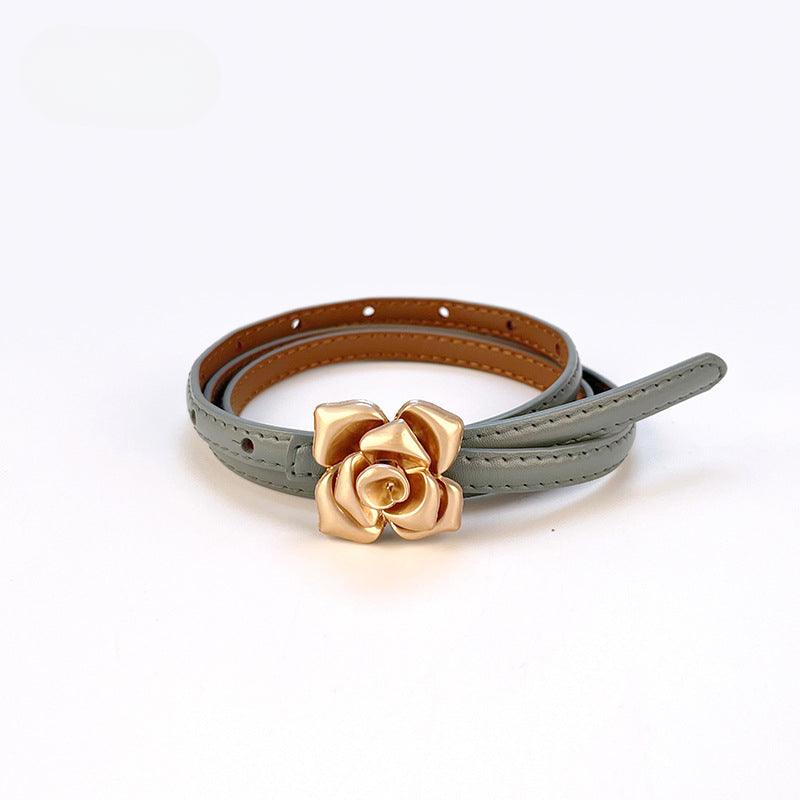 Women’s Leather Belt for Dresses-Floral Buckle-Golden Belt