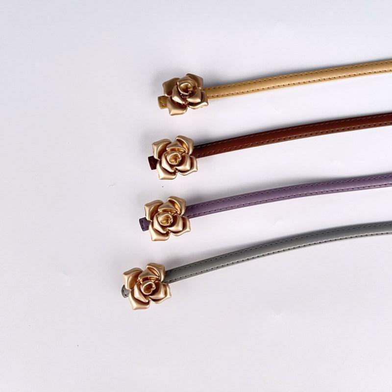 Women’s Leather Belt for Dresses-Floral Buckle-Golden Belt