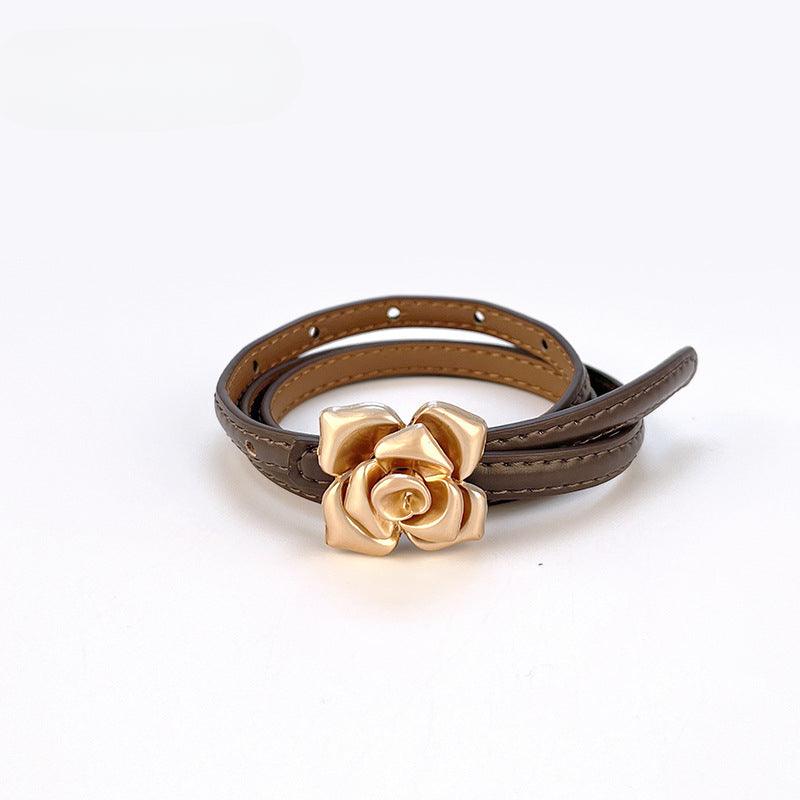 Women’s Leather Belt for Dresses-Floral Buckle-Golden Belt