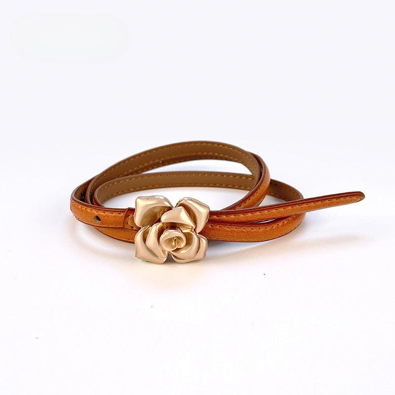 Women’s Leather Belt for Dresses-Floral Buckle-Golden Belt