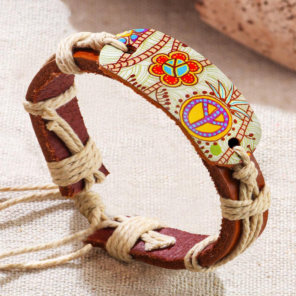 Women’s Leather Bracelet-Ethnic Peace Pattern-Colorful design-Gift