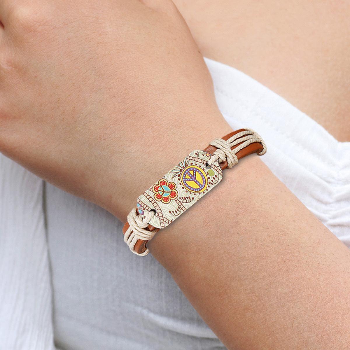 Women’s Leather Bracelet-Ethnic Peace Pattern-Colorful design-Gift