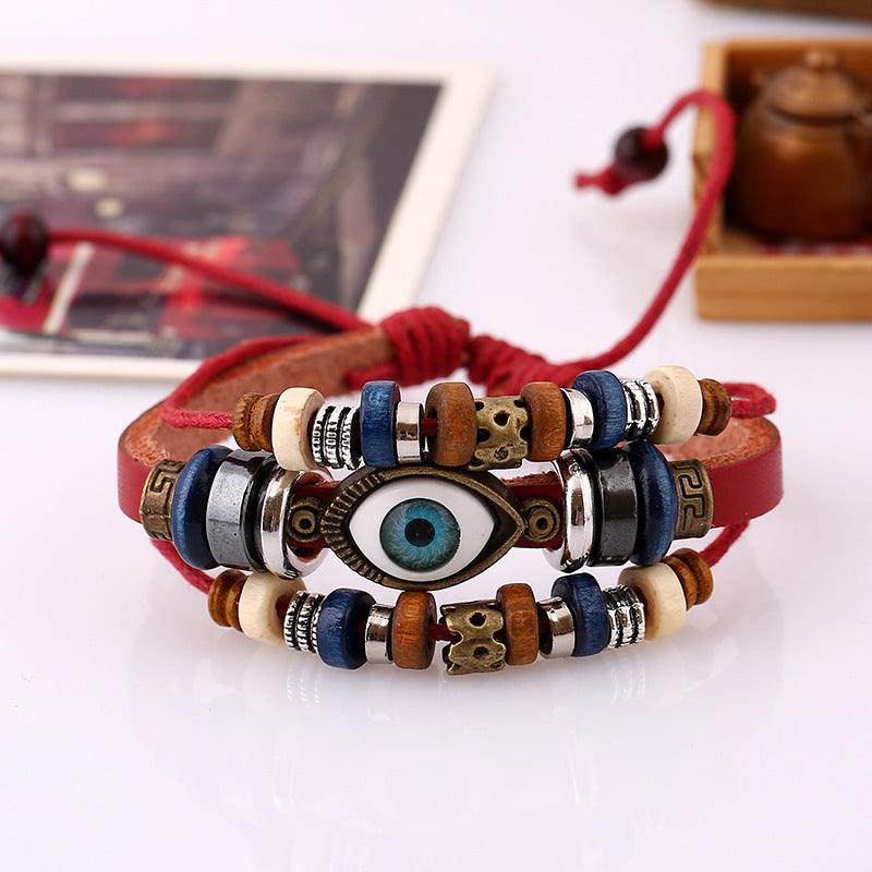 Women’s Leather Bracelet-Evil Eye Protection-Ethnic Wood-Women’s Gift