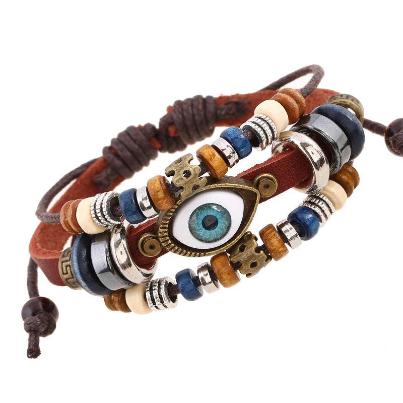 Women’s Leather Bracelet-Evil Eye Protection-Ethnic Wood-Women’s Gift