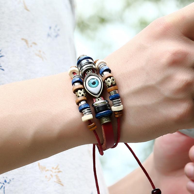 Women’s Leather Bracelet-Evil Eye Protection-Ethnic Wood-Women’s Gift