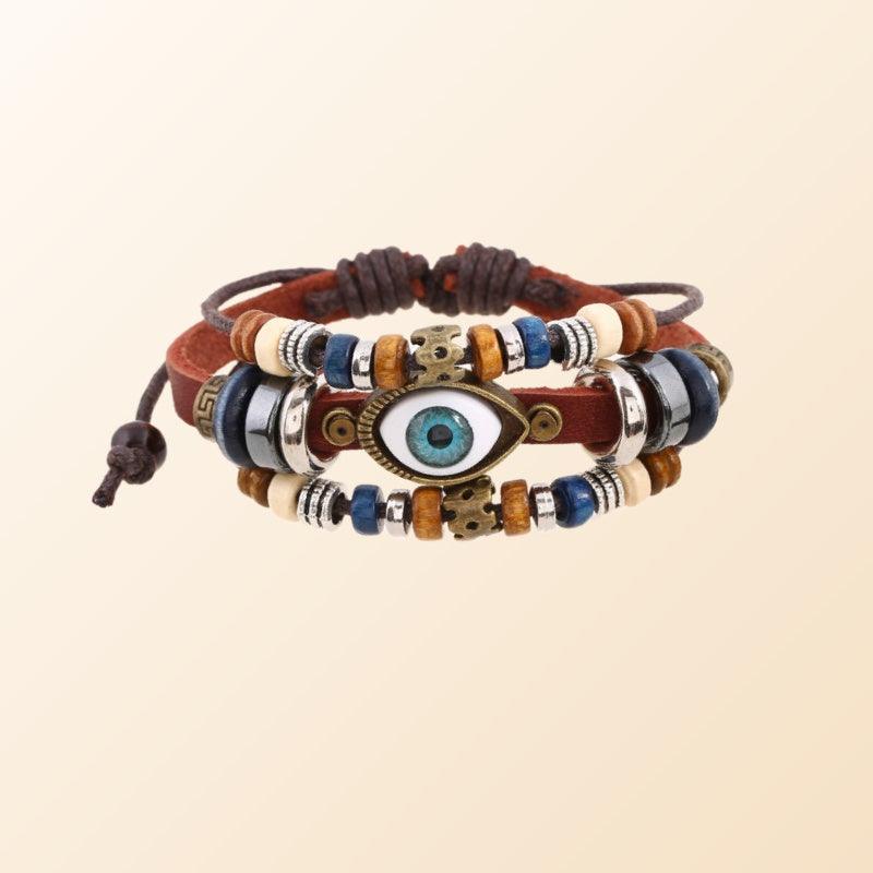 Women’s Leather Bracelet-Evil Eye Protection-Ethnic Wood-Women’s Gift