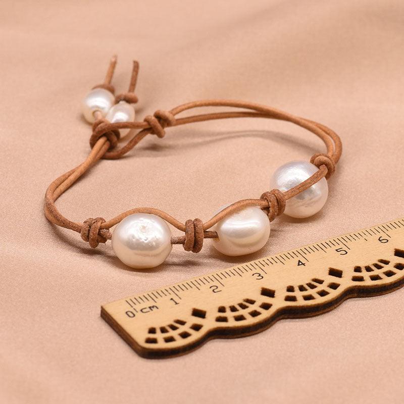 Women’s Leather Bracelet-Genuine Pearl Bracelet-Natural-Ladies’ Gift