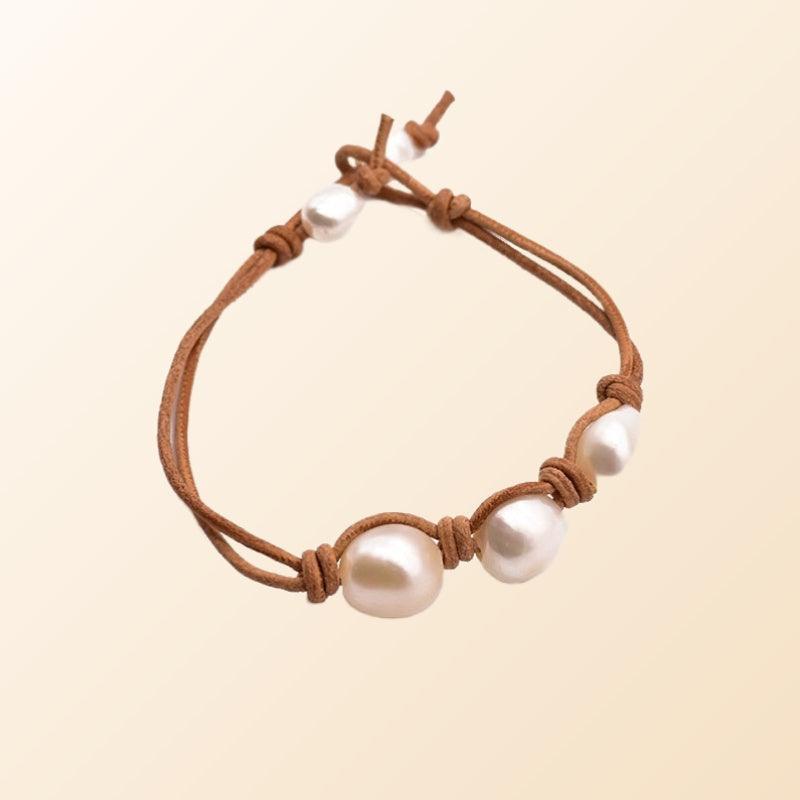 Women’s Leather Bracelet-Genuine Pearl Bracelet-Natural-Ladies’ Gift