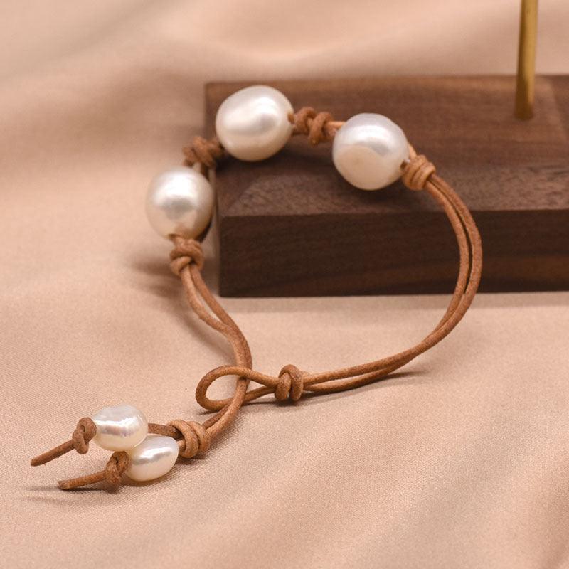 Women’s Leather Bracelet-Genuine Pearl Bracelet-Natural-Ladies’ Gift