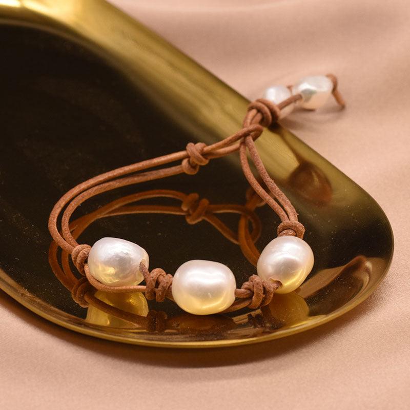 Women’s Leather Bracelet-Genuine Pearl Bracelet-Natural-Ladies’ Gift