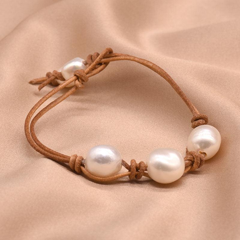 Women’s Leather Bracelet-Genuine Pearl Bracelet-Natural-Ladies’ Gift