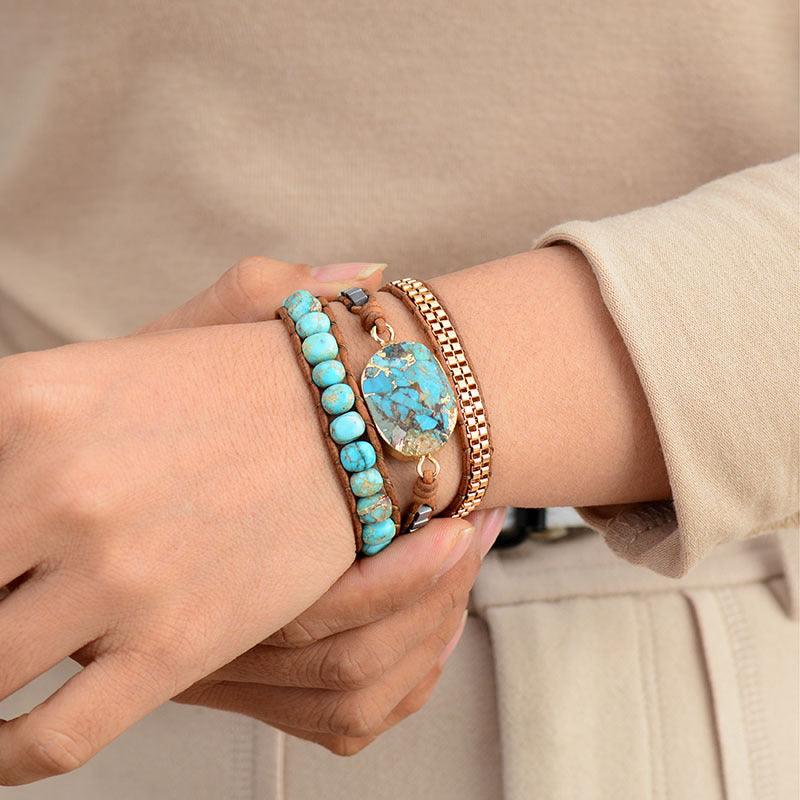 Women’s Leather Bracelet-Turquoise Healing Stone-Golden-Women’s Gift