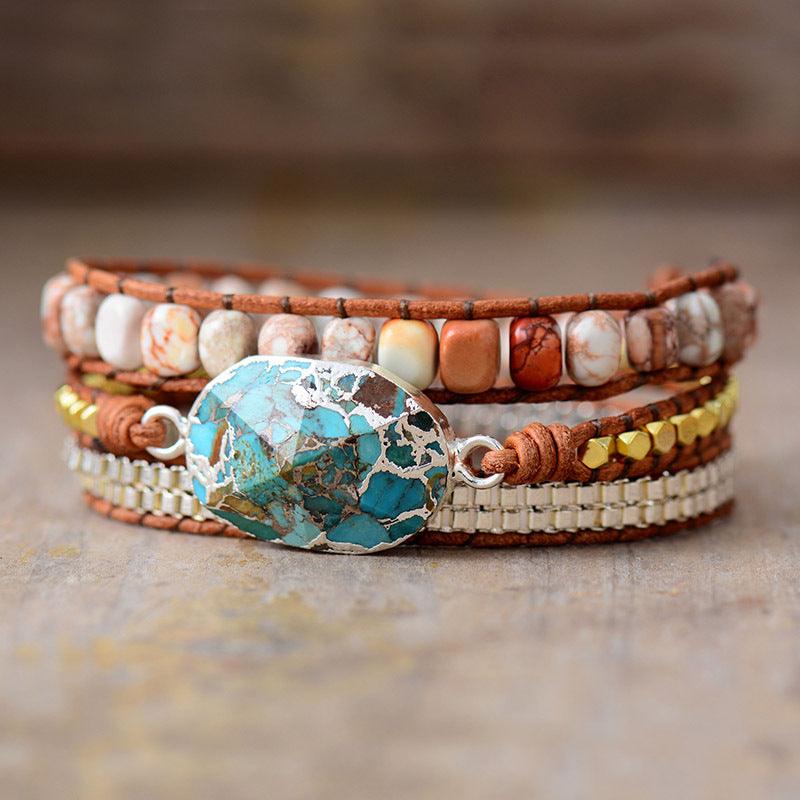 Women’s Leather Bracelet-Turquoise Healing Stone-Golden-Women’s Gift