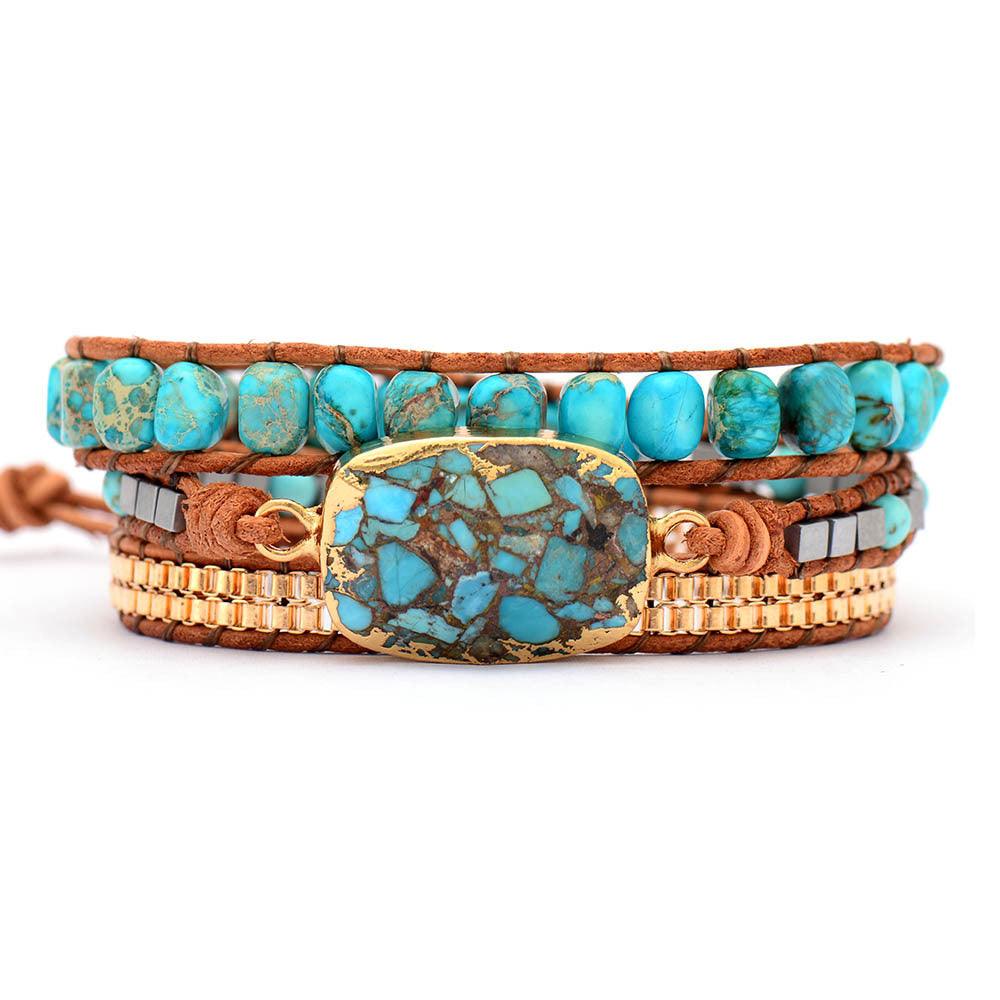 Women’s Leather Bracelet-Turquoise Healing Stone-Golden-Women’s Gift