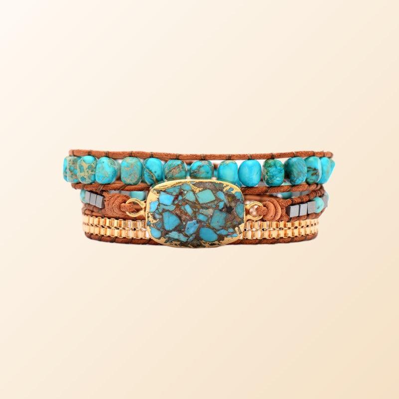 Women’s Leather Bracelet-Turquoise Healing Stone-Golden-Women’s Gift