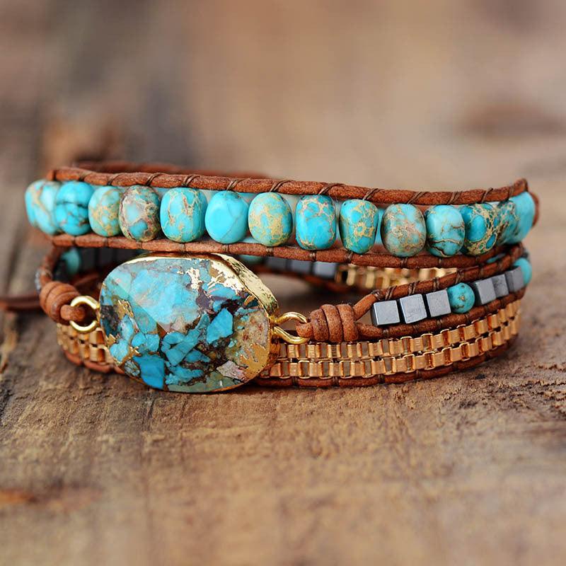 Women’s Leather Bracelet-Turquoise Healing Stone-Golden-Women’s Gift