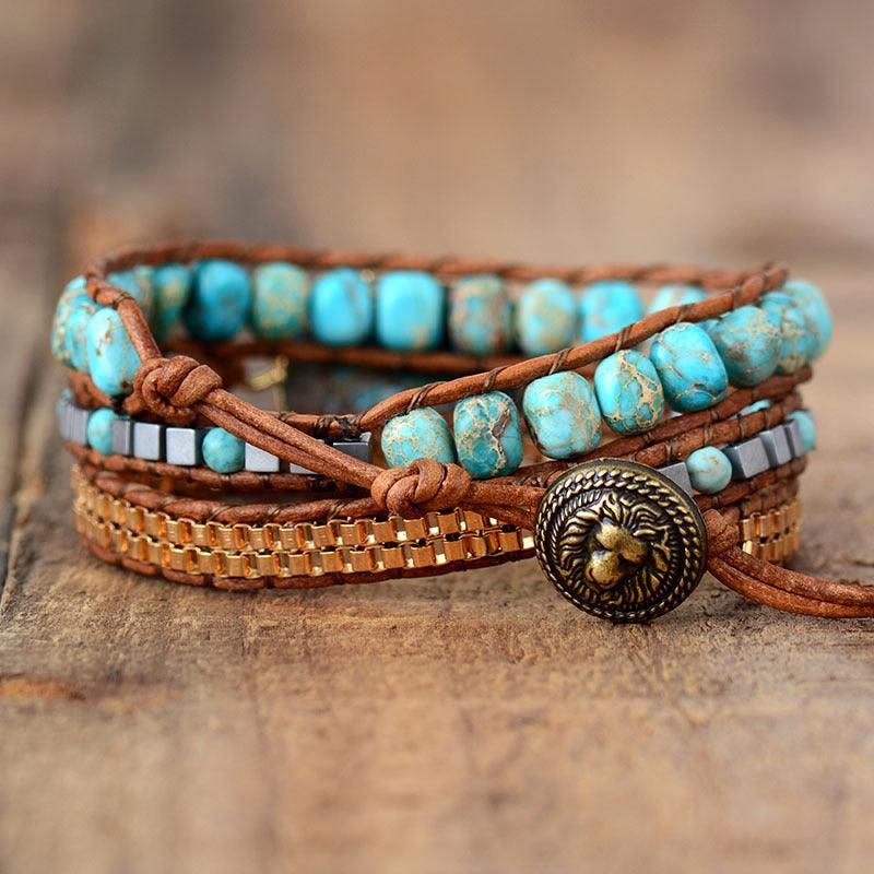 Women’s Leather Bracelet-Turquoise Healing Stone-Golden-Women’s Gift