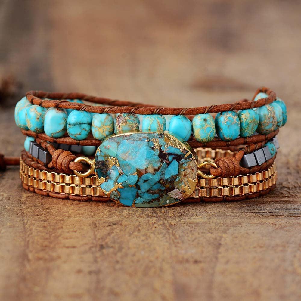 Women’s Leather Bracelet-Turquoise Healing Stone-Golden-Women’s Gift