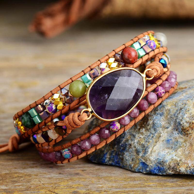 Women’s Luxury Leather Bracelet-Amethyst Natural Stone-Healing