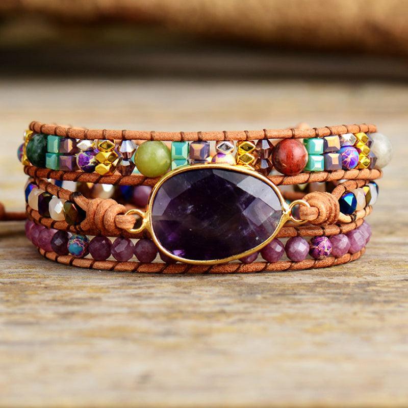 Women’s Luxury Leather Bracelet-Amethyst Natural Stone-Healing