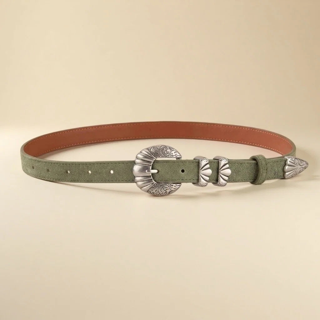 Women's Western Belt - Suede Leather with Shell-Shape Silver Buckle