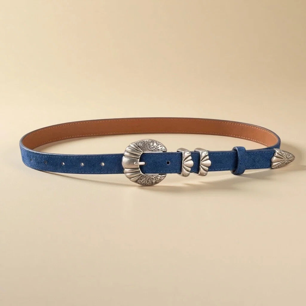 Women's Western Belt - Suede Leather with Shell-Shape Silver Buckle