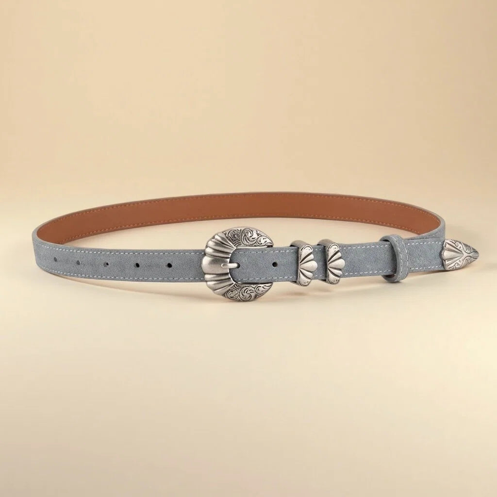 Women's Western Belt - Suede Leather with Shell-Shape Silver Buckle