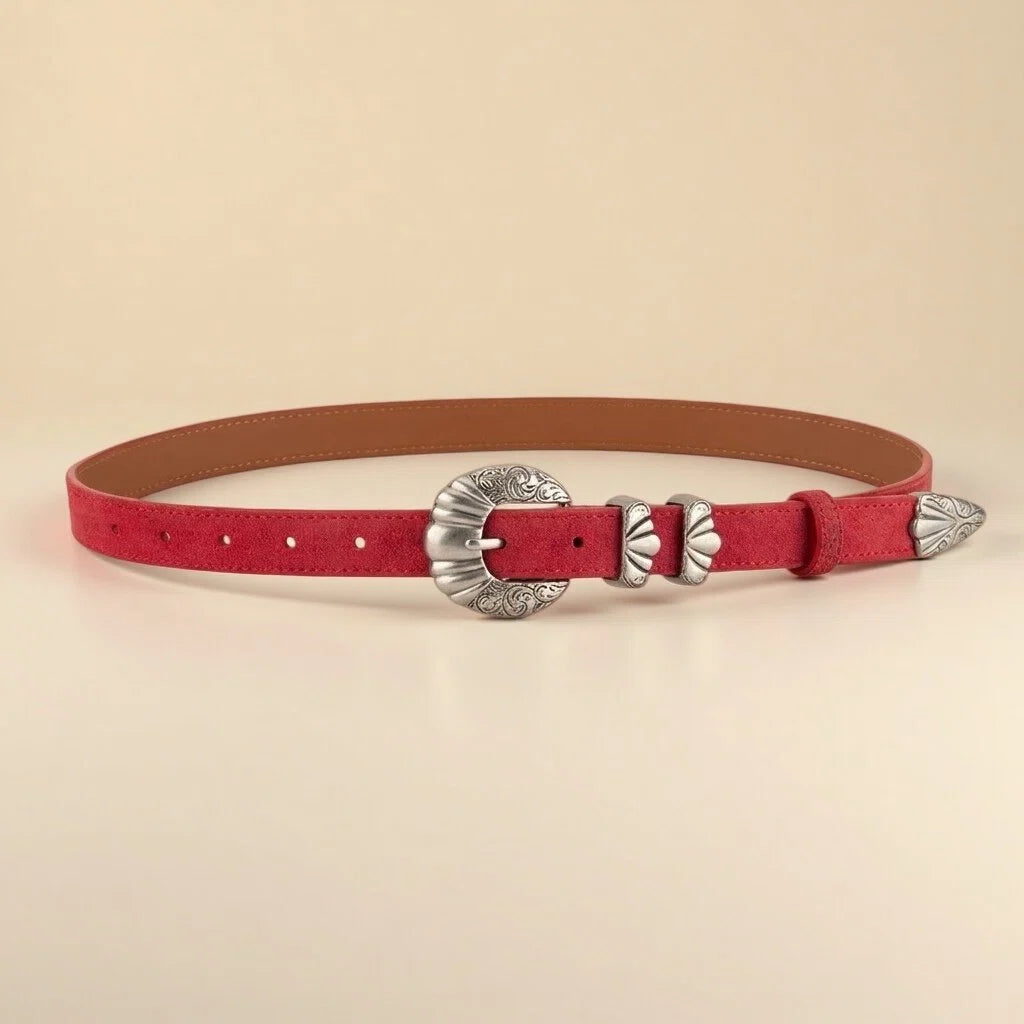 Women's Western Belt - Suede Leather with Shell-Shape Silver Buckle
