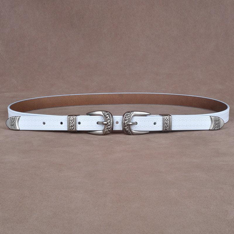 Women’s Western Cowboy Belt-Leather Belt for Dresses-White Belt